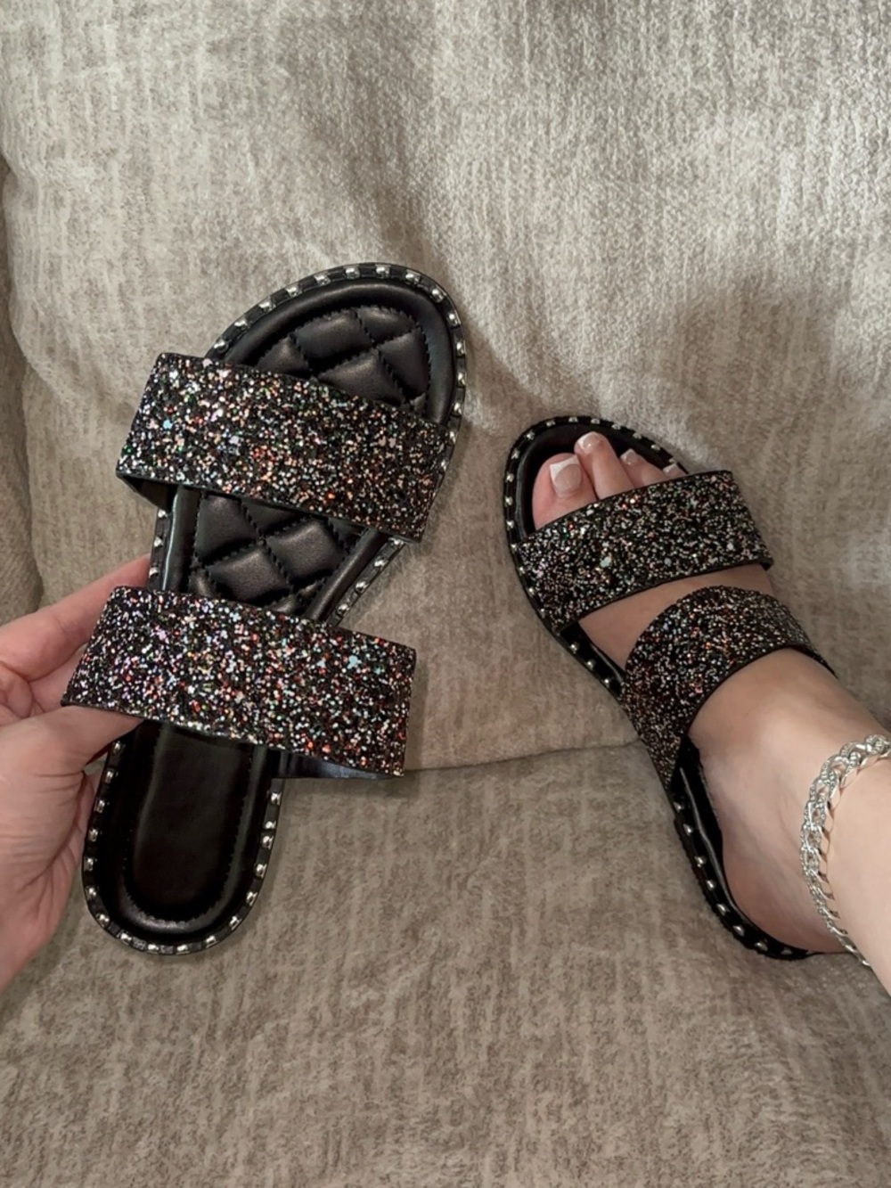Black Glitter Double-Strap Slide Sandals  7, 8, 9